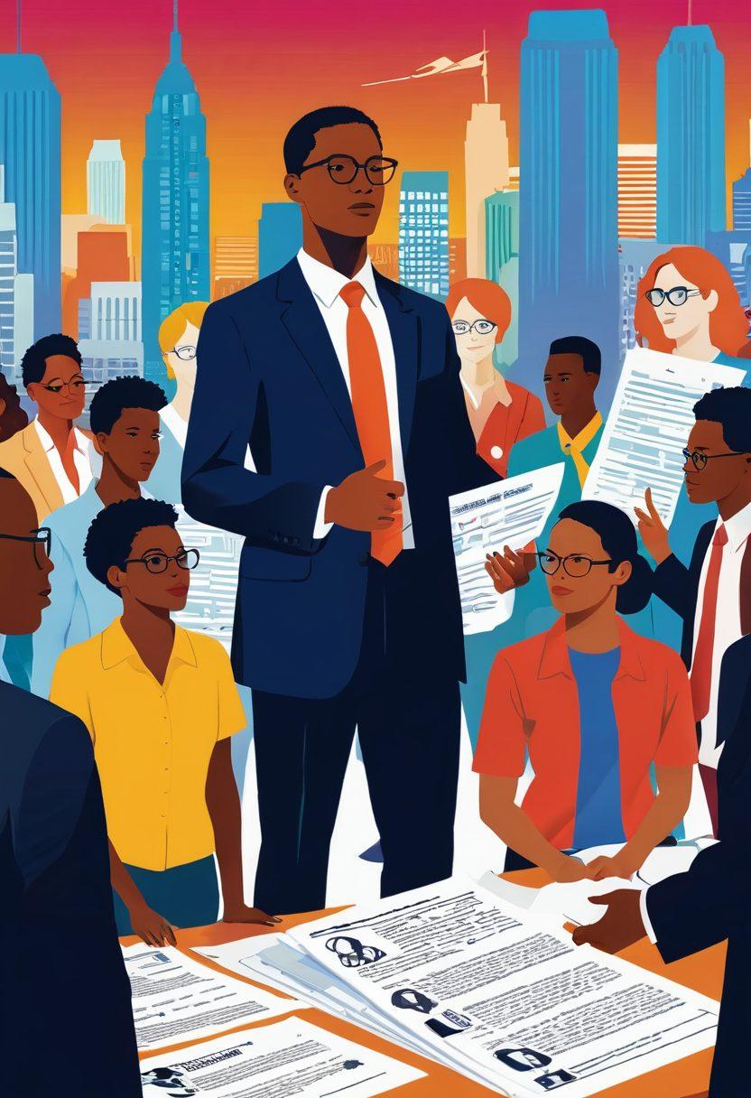 A confident individual standing in front of a diverse group of people, enthusiastically discussing firearms legislation, surrounded by various legal documents and visual aids about gun safety. The background showcases a cityscape symbolizing progress and empowerment. Bright, engaging colors emphasizing hope and community. Vector art. Vibrant colors.