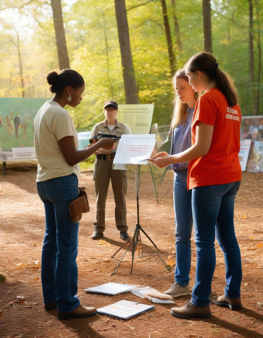 A serene scene depicting a diverse group of people engaging in a responsible gun safety workshop in an outdoor setting, with clear educational materials and an instructor demonstrating proper handling techniques. Include signs promoting safety and advocacy, alongside a backdrop of nature symbolizing peace and responsibility. warm lighting. vibrant colors. painting.