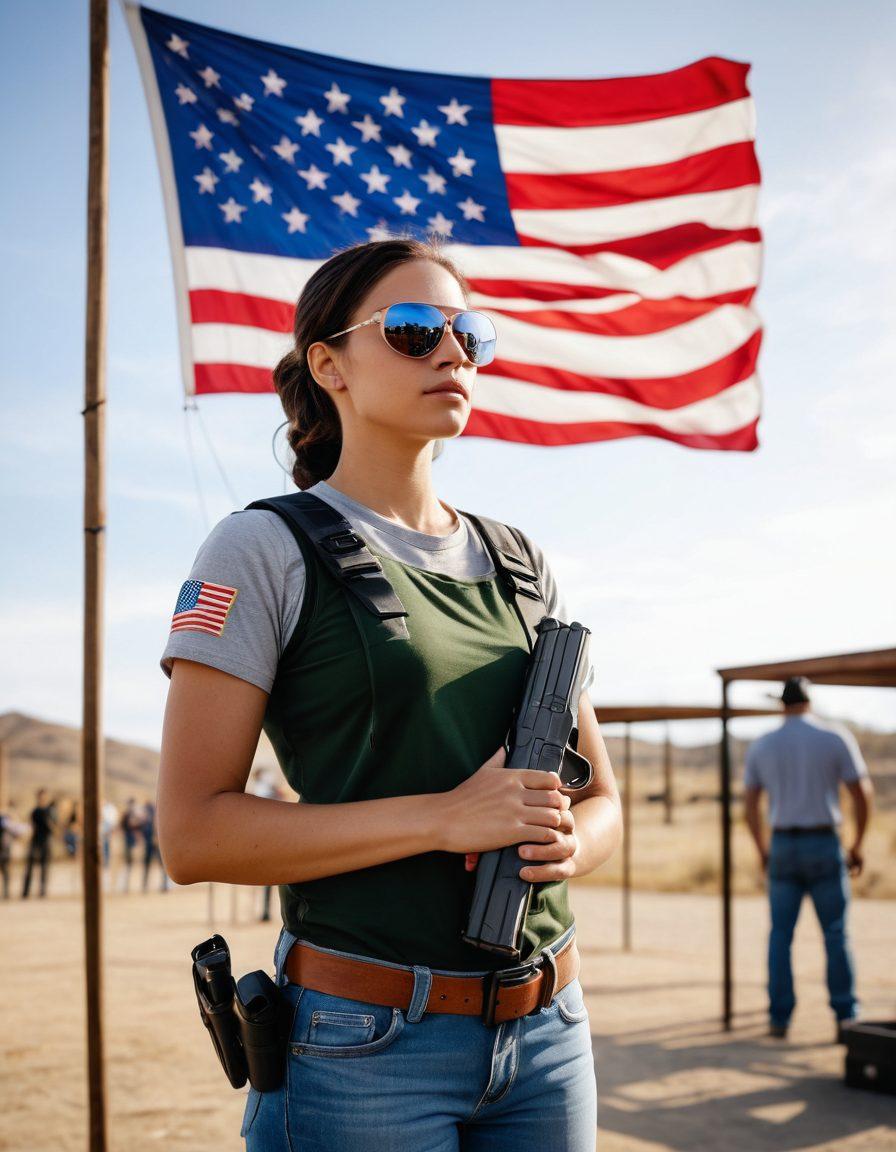 A strong, confident individual stands at a shooting range, holding a firearm with proper safety equipment. In the background, a diverse group of people is engaging in responsible firearm practices and education, showcasing unity and empowerment. Symbolic elements like the American flag subtly integrated into the scene highlight patriotism and rights. The setting is vibrant and uplifting, emphasizing community and responsibility. super-realistic. vibrant colors. outdoors.
